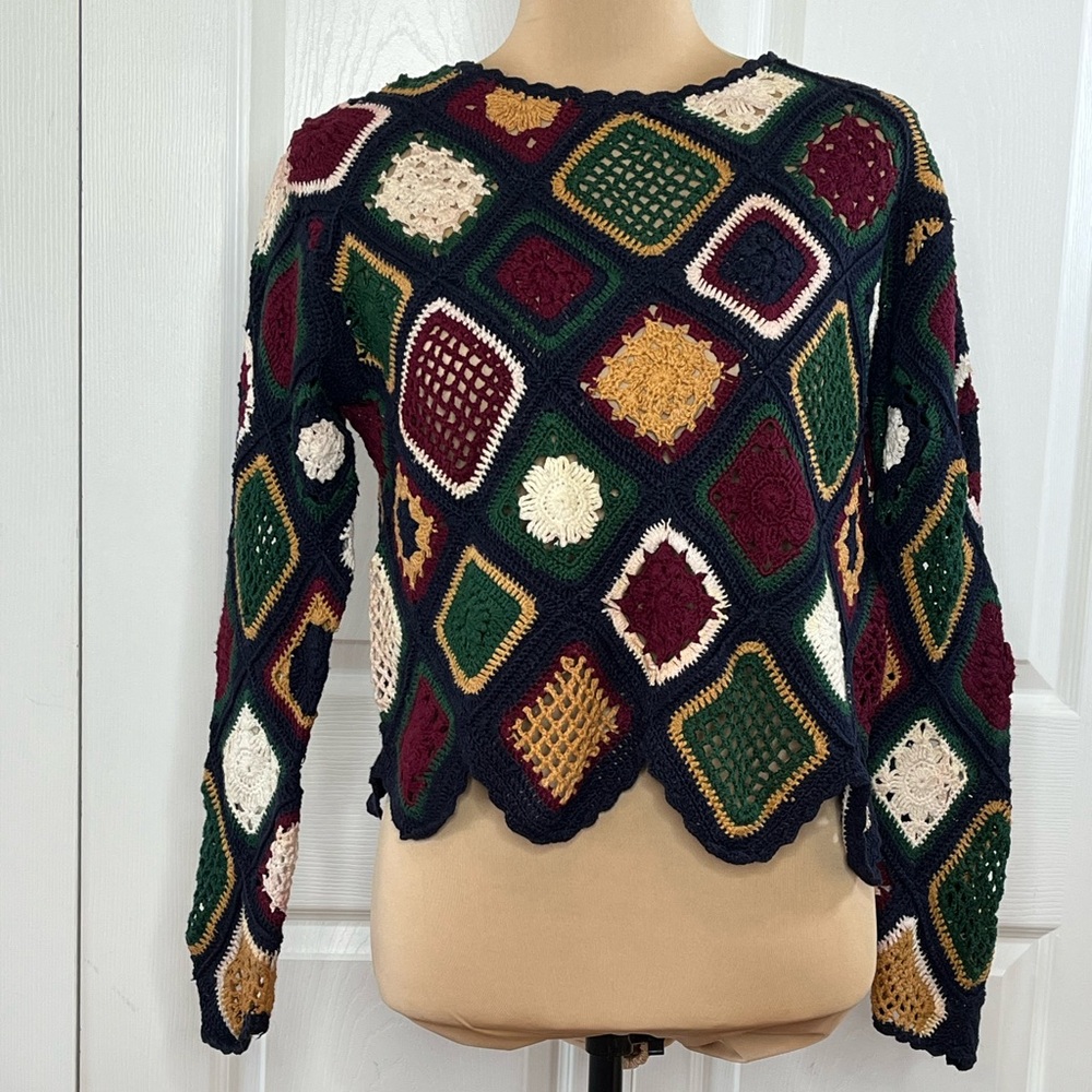 Multicolor Diamond Pattern handmade Crochet Sweater, cotton, size M
